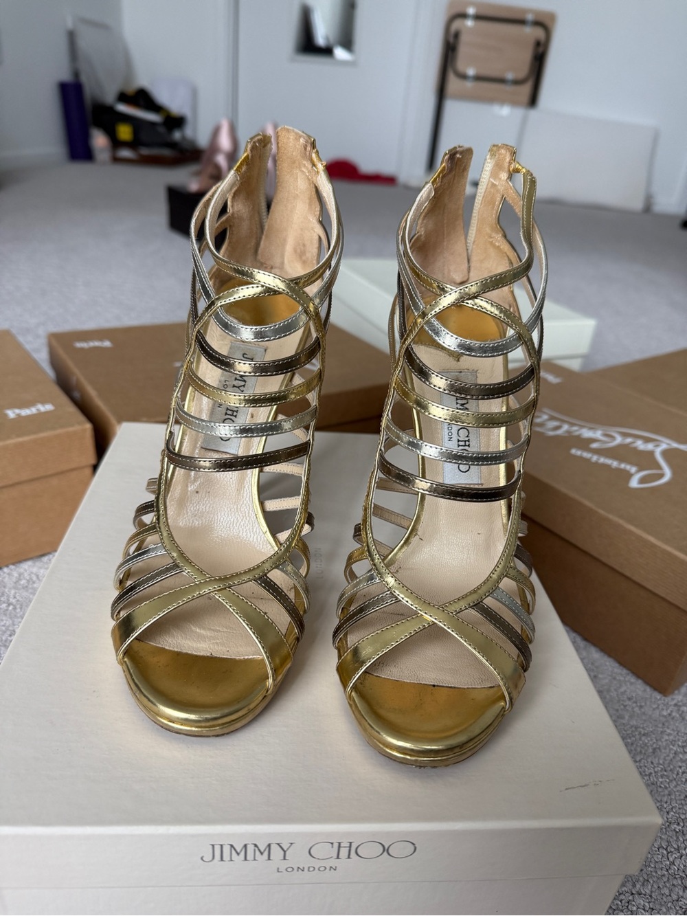 Jimmy Choo Metallic Gold Strappy Cage High Heels